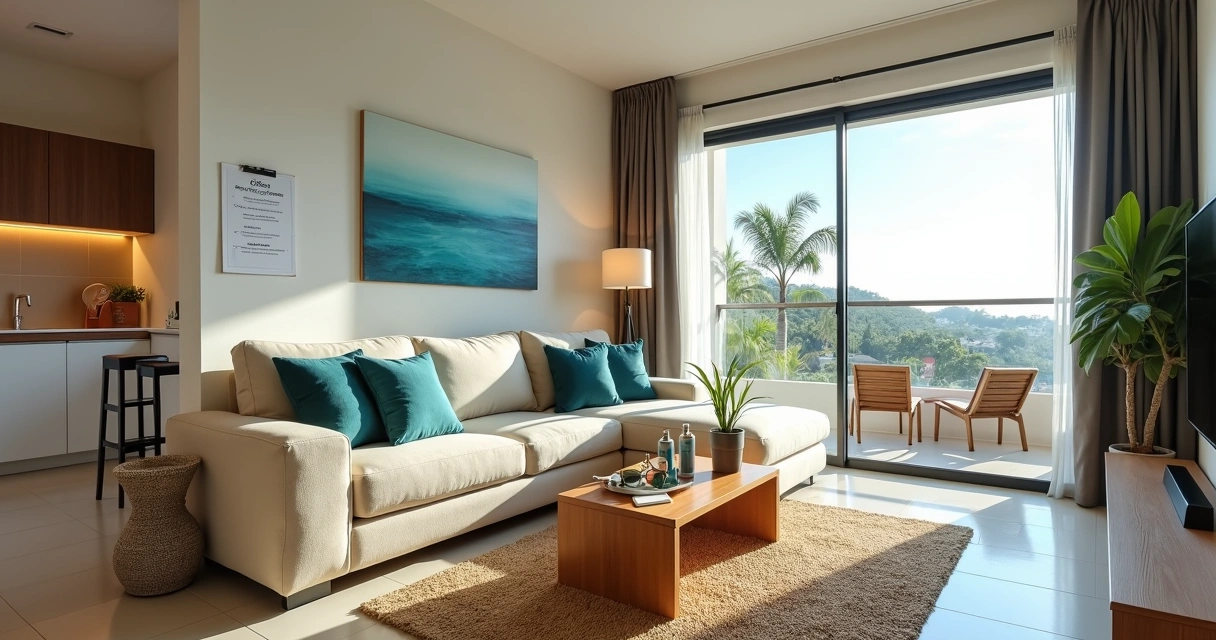 Sala de apartamento por temporada em Jurerê moderna e aconchegante 