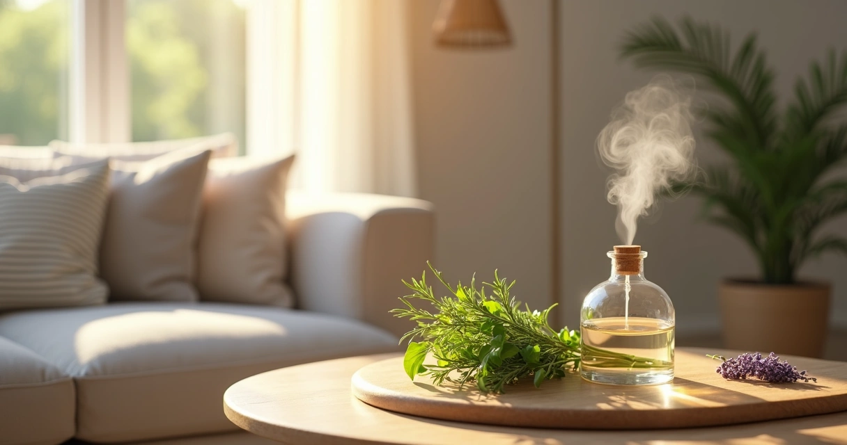 Ambiente de sala aconchegante com aromatizador de ervas sobre uma mesa central 