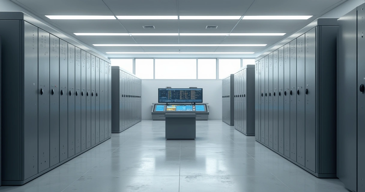 Sala de arquivo moderno com armários numerados e sistema digital de controle 