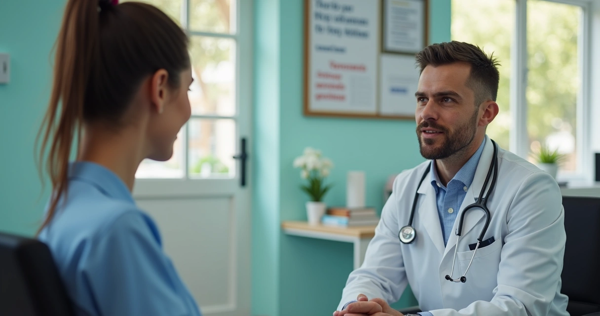 Ambiente de UBS com médico explicando PrEP a paciente sentada, clima acolhedor.