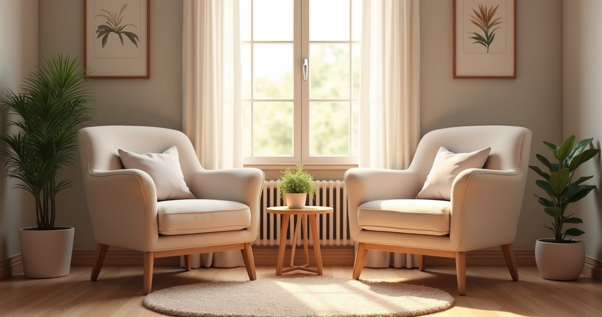 consultório de psicologia com poltronas claras e luz suave