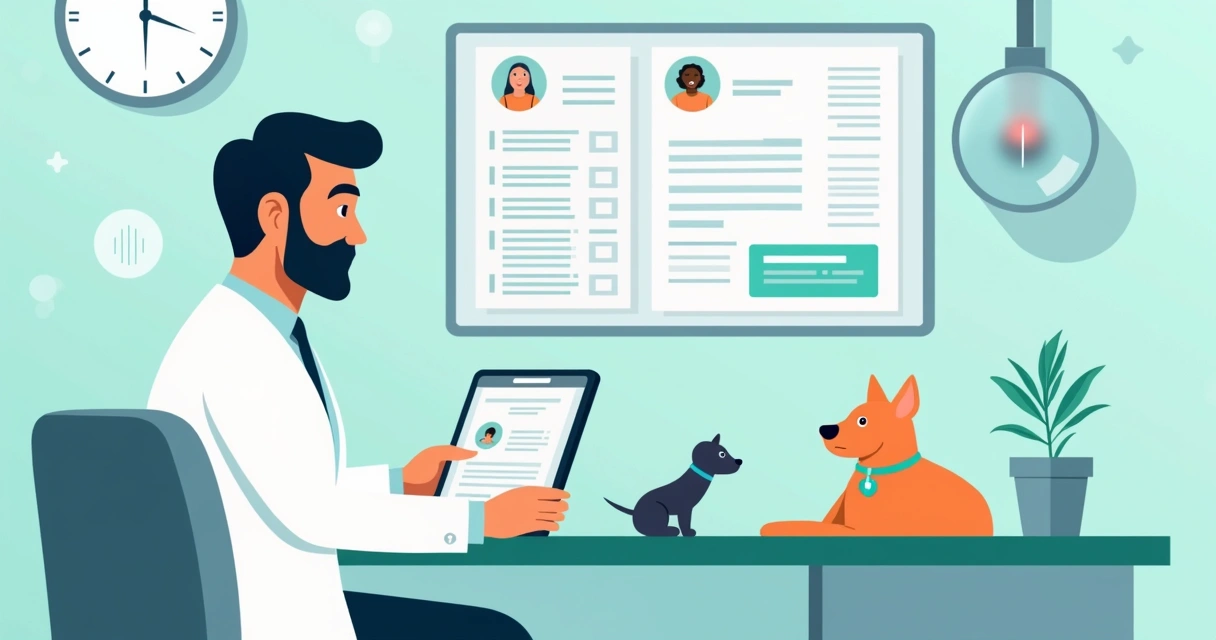 Veterinário digitando em tablet em sala de atendimento, com elementos gráficos de inteligência artificial 