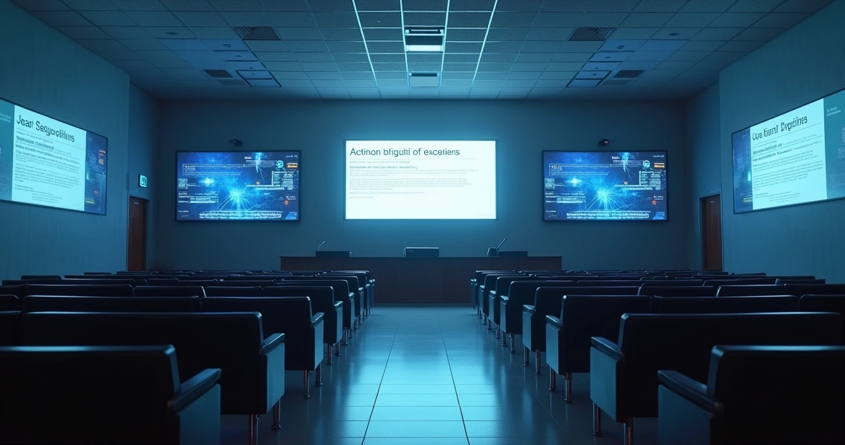 Sala de audiência vazia com telas digitais exibindo leilão judicial online