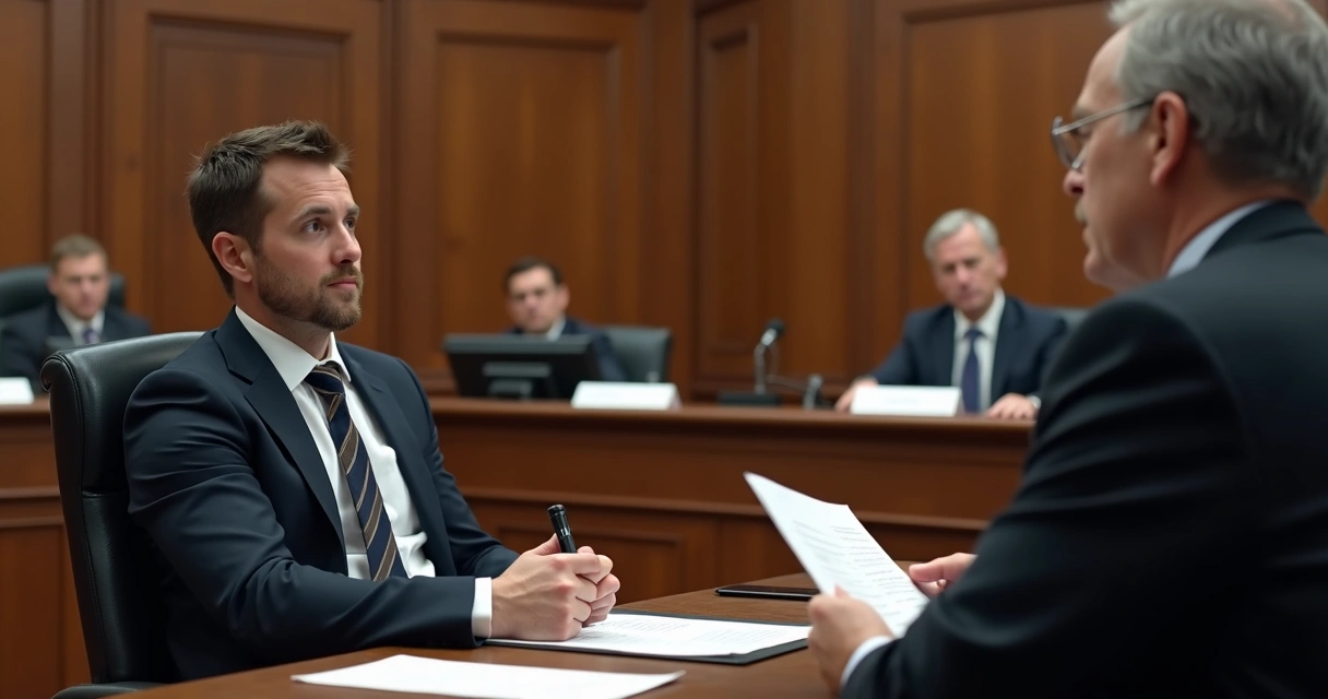 Pessoa sentada em uma sala de audiência acompanhada por um advogado 