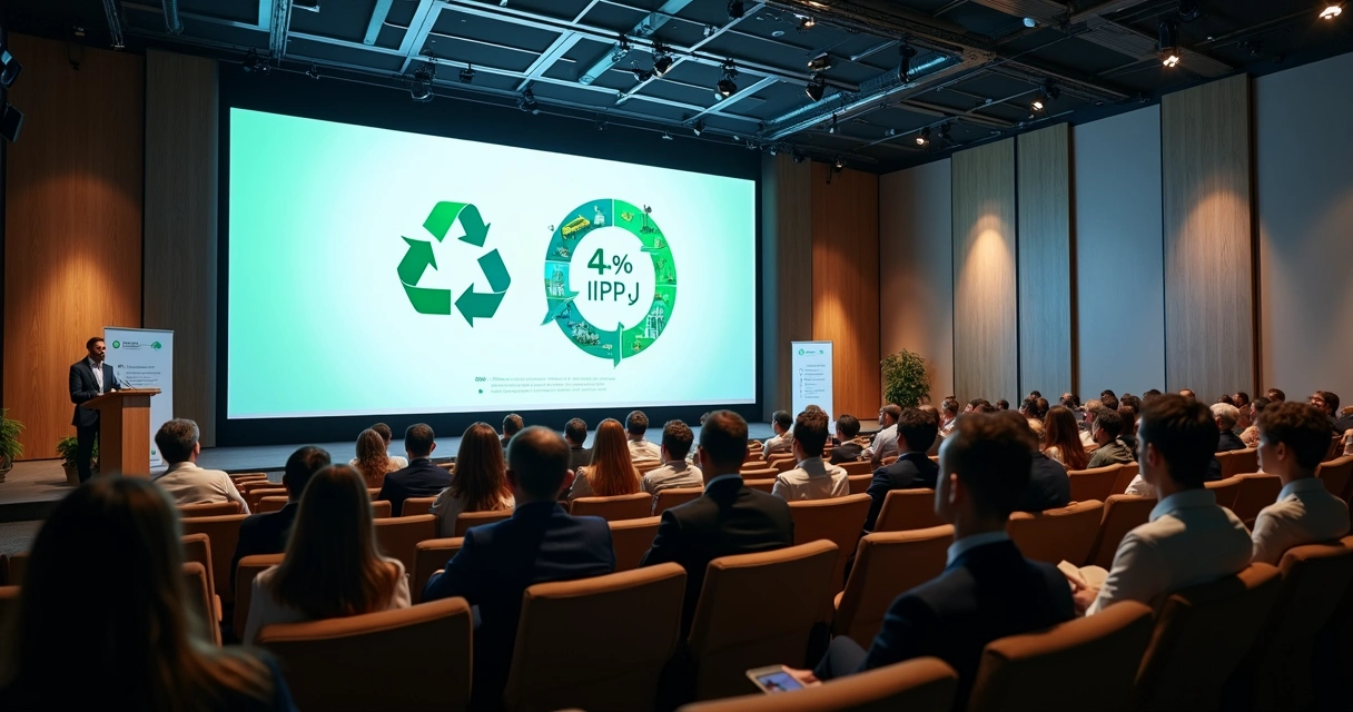 Painel sobre Lei de Incentivo à Reciclagem em auditório corporativo com destaque para limite de 4 por cento no IRPJ 