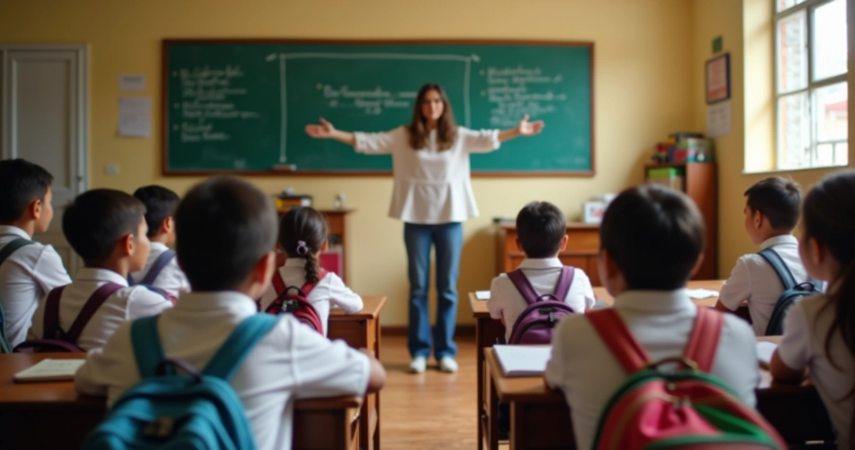Professor acolhendo alunos em sala de aula