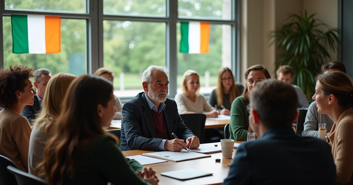 Turma de adultos de diferentes idades em sala de aula na Irlanda 