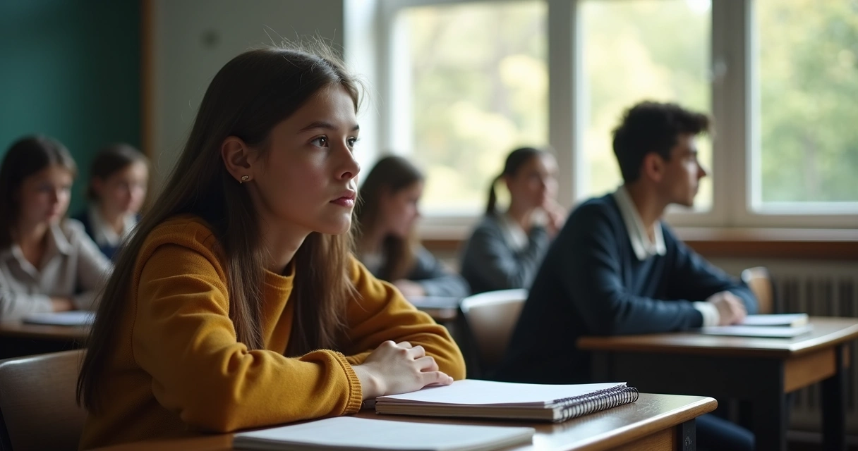 Aluno observado olhando para janela na sala de aula 