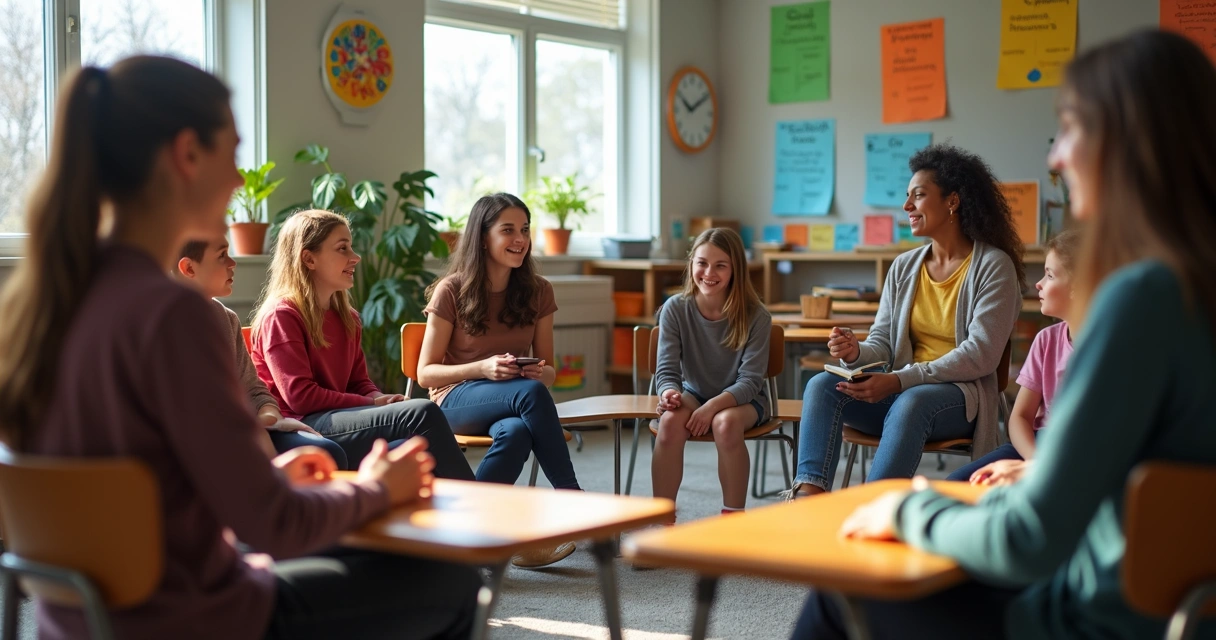 Sala de aula com alunos sentados em círculo com professora ao centro 