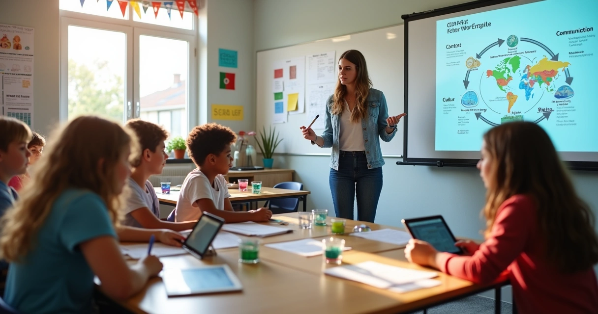 Alunos colaborando em sala de aula bilíngue com professor explicando CLIL em lousa digital 