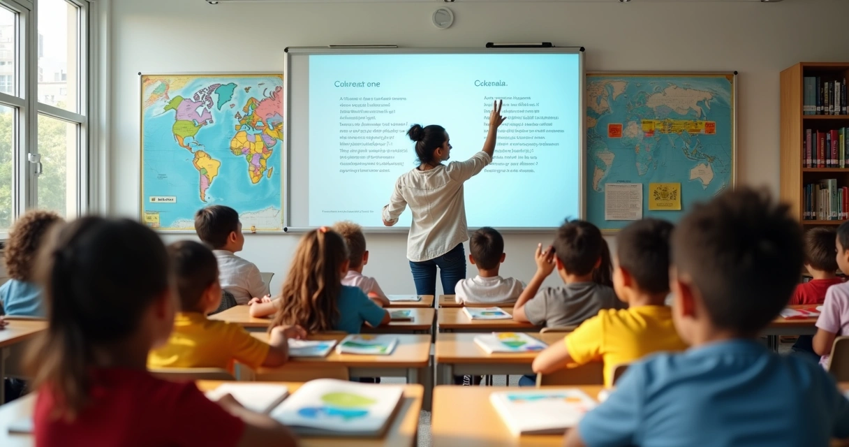 Crianças aprendendo em sala de aula bilíngue com professora diante de quadro digital 