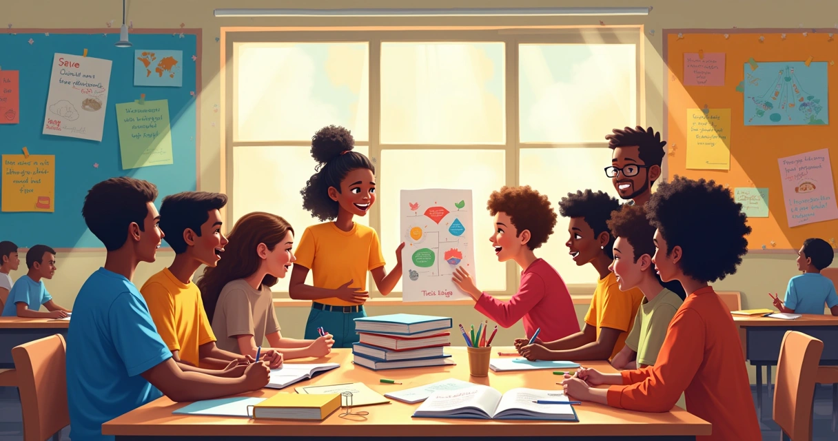 Cena vibrante em uma sala de aula com alunos colaborando em um projeto em grupo, cheia de interação e alegria.