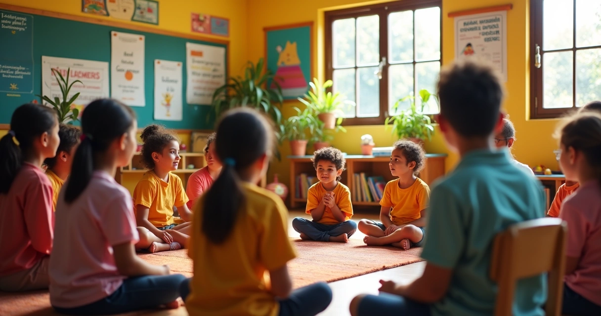 Alunos sentados em círculo interagindo com professores em uma sala de aula colorida 