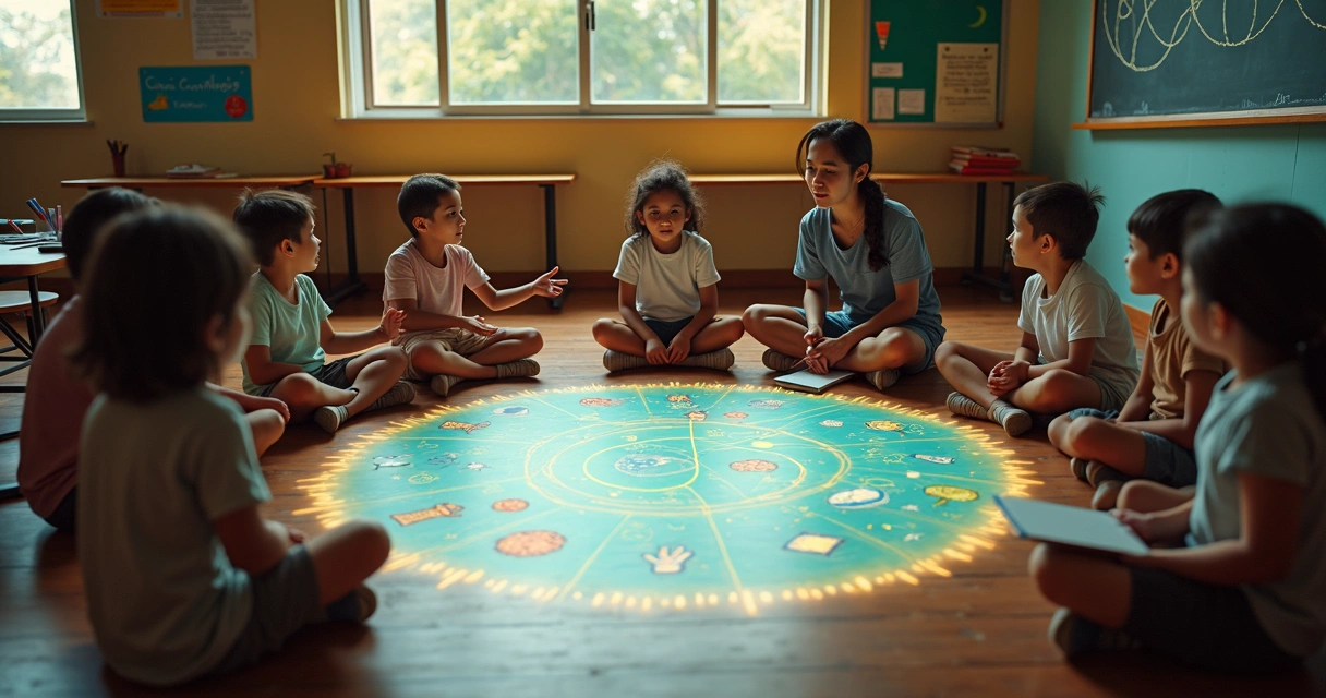 Crianças em sala de aula formando círculo em volta de mandala luminosa no chão 