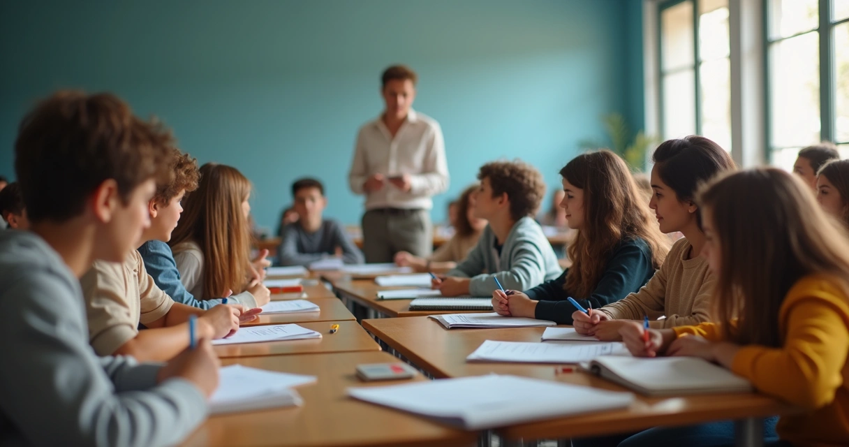 Sala de aula com atividade de convivência entre estudantes