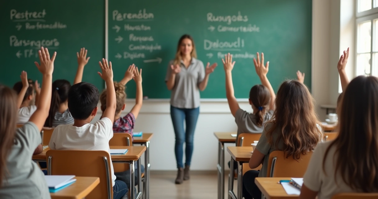 Professor e alunos em diálogo respeitoso na sala de aula