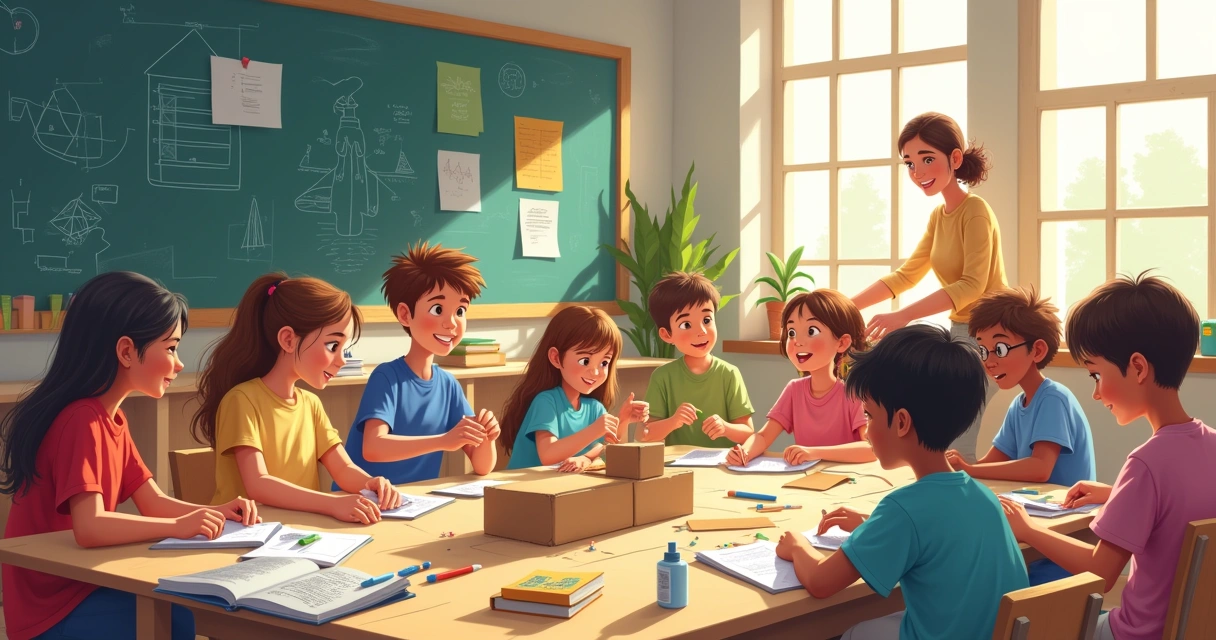 A vibrant classroom scene with engaged students working on a hands-on project with a teacher assisting.