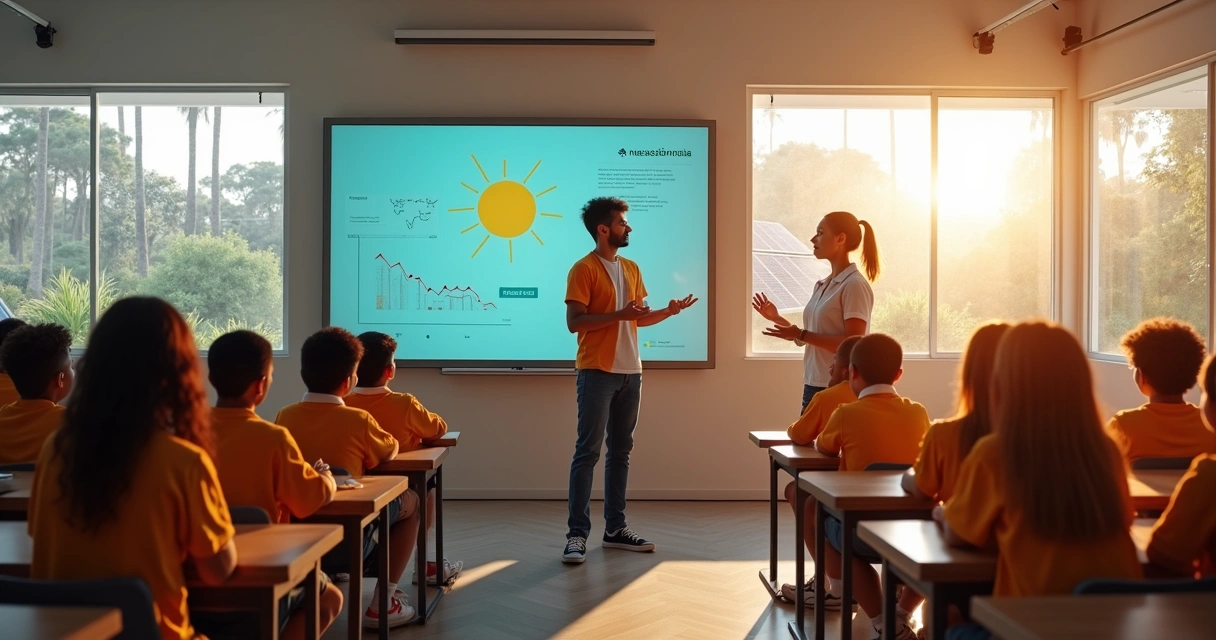 Alunos participam de aula sobre sustentabilidade com professor apontando para painel solar 