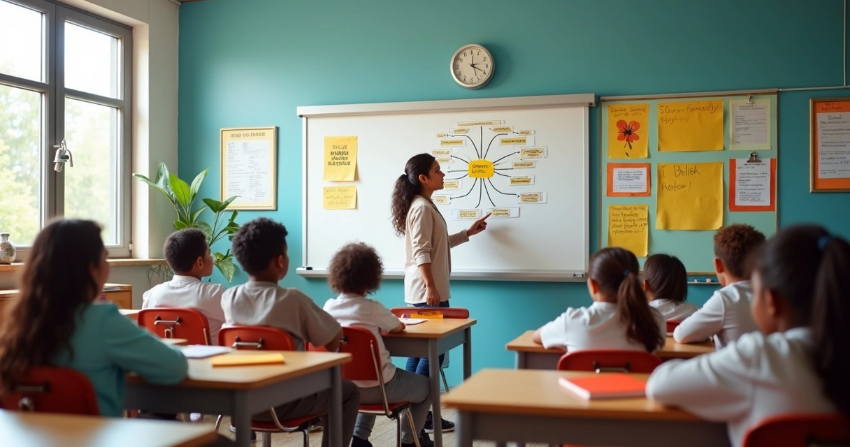 Sala de aula com alunos de idades variadas e professora explicando quadro