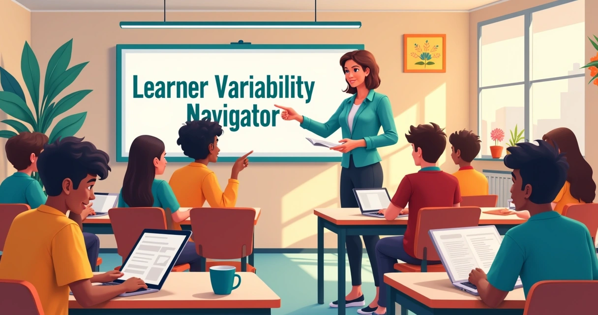 A classroom scene showcasing diverse students engaged in different learning activities with a teacher presenting data.
