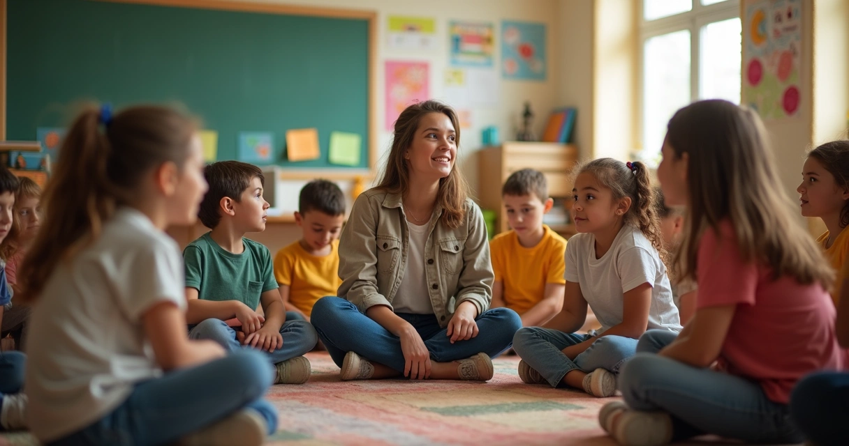 Professor e alunos em círculo praticando escuta ativa 