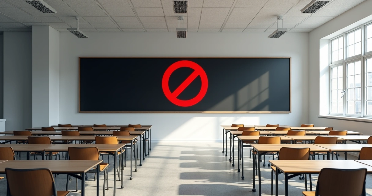 Sala de aula vazia com cadeiras e mesas em ambiente moderno, quadro negro com aviso de proibição, ambiente claro e organizado 