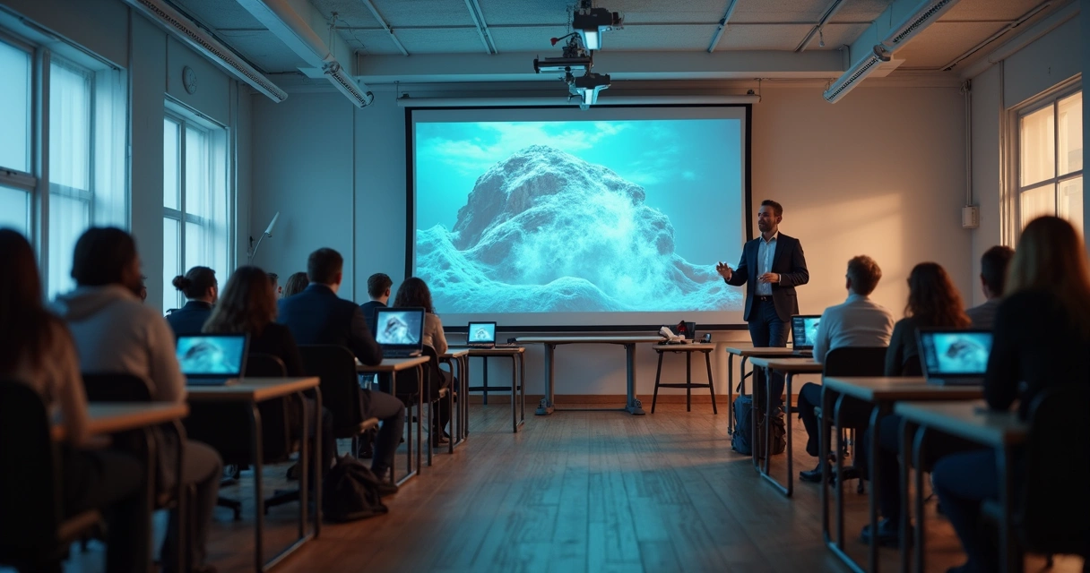 Sala de aula moderna com alunos usando dispositivos digitais e professor mediando aprendizado ativo 