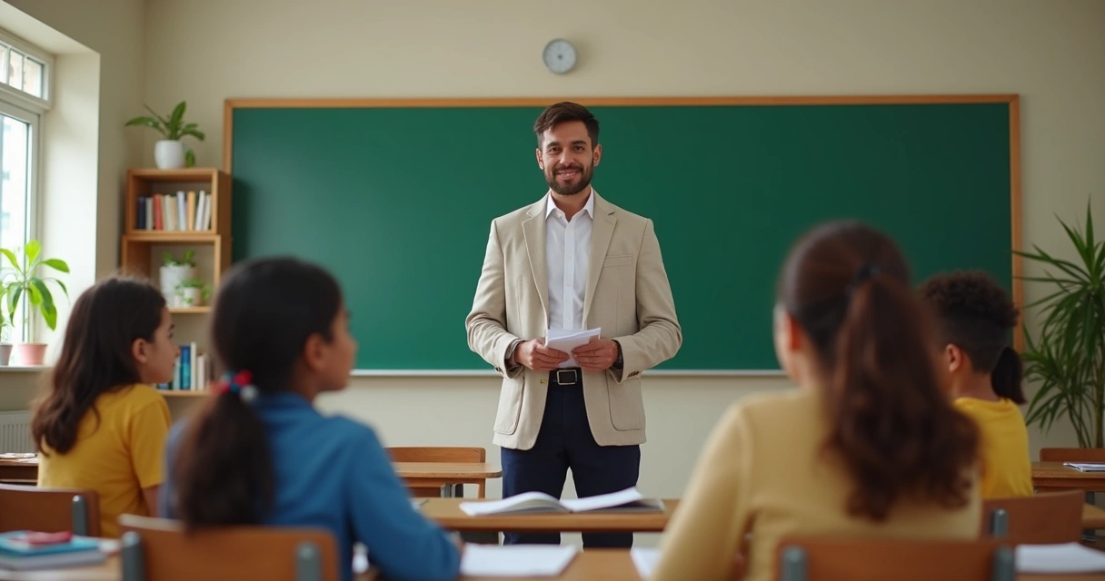 Professor ouvindo alunos em sala organizada
