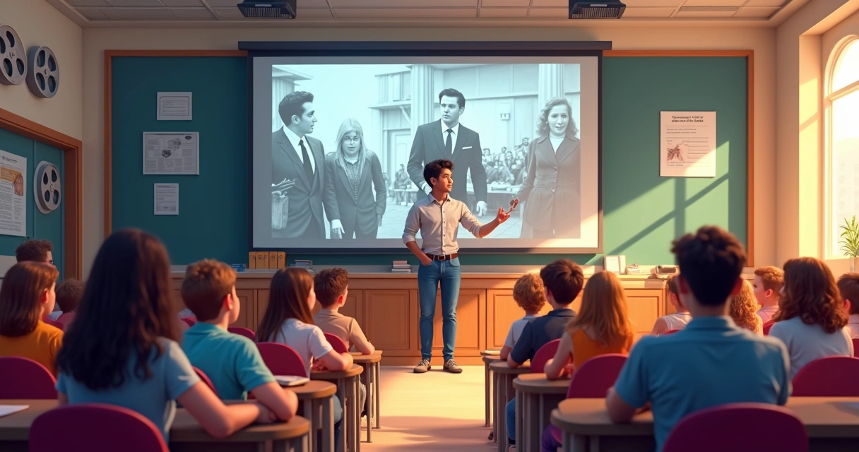 Cena de uma sala de aula com estudantes assistindo a um filme clássico em uma tela grande 