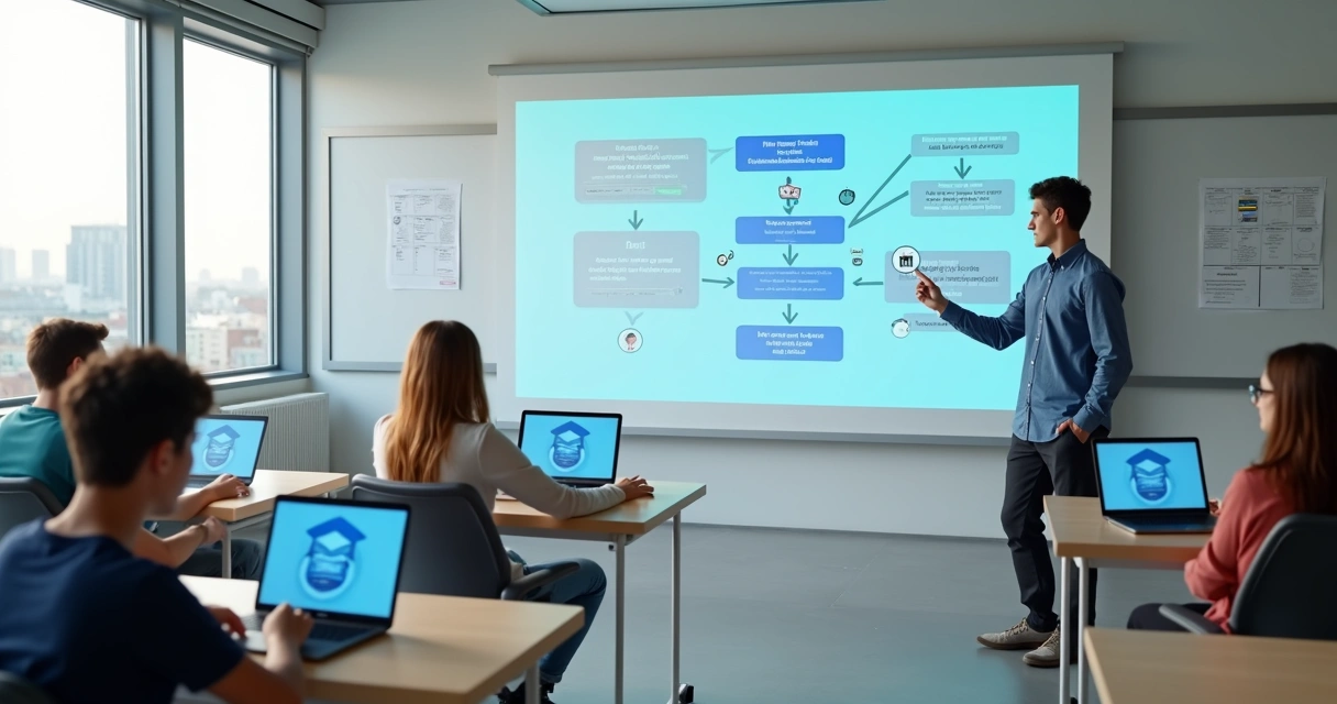 Professor projetando fluxo de mensagens do Messenger em sala de aula moderna 