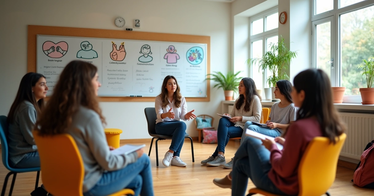Estudantes e educadora em roda de conversa desenvolvendo habilidades socioemocionais 