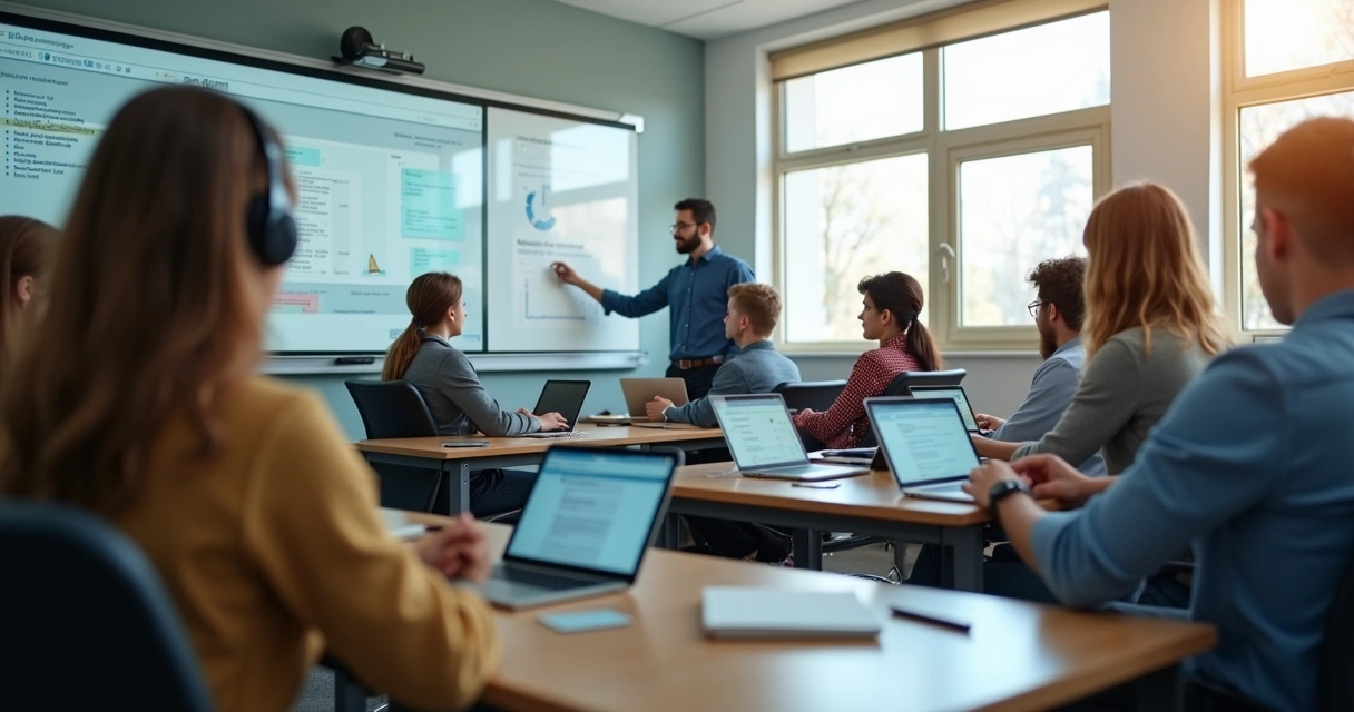 Sala de aula híbrida com alunos usando notebooks e professor presencial 