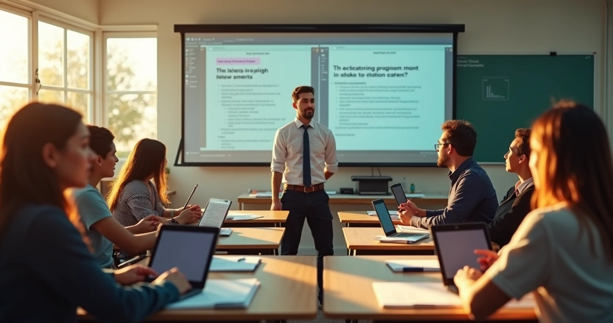 Sala de aula com estudantes e professora usando recursos digitais com mediação humana