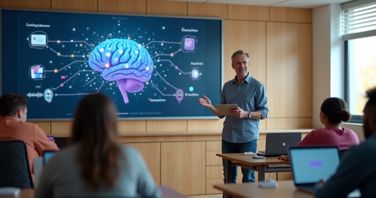 Sala de aula contemporânea com Inteligência Artificial apoiando professor e alunos 