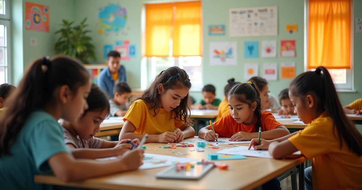 Alunos de várias etnias participando em uma sala de aula inclusiva, interagindo em diferentes atividades educativas.