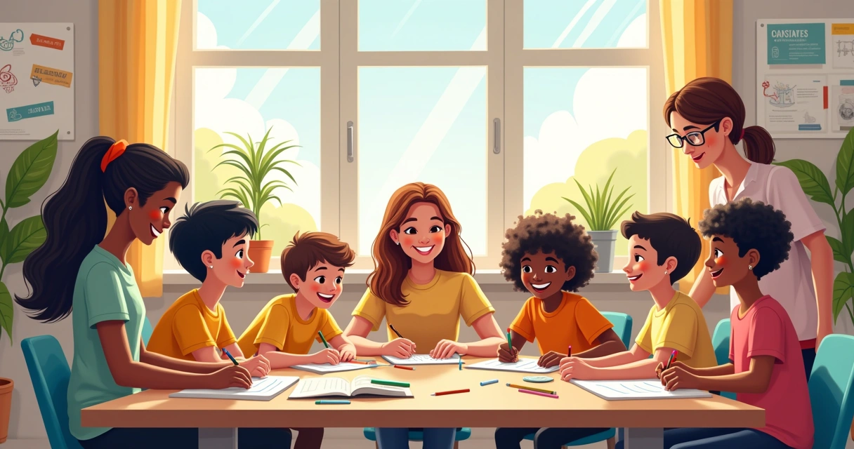 Aluno de diferentes idades e habilidades colaborando em uma sala de aula inclusiva e colorida.