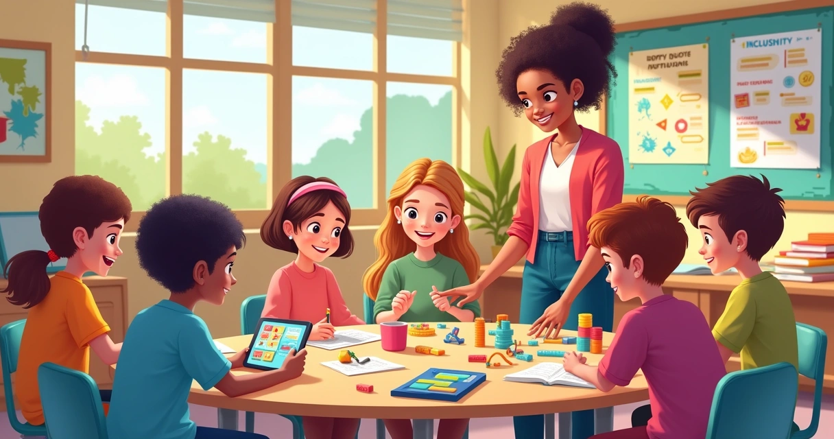 Uma sala de aula vibrante com alunos diversos, atividades interativas e materiais coloridos, promovendo inclusão e aprendizado.