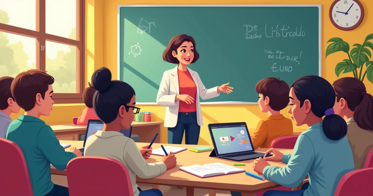 Sala de aula inclusiva com alunos fazendo atividades adaptadas; professora orientando, alunos com tablet e cartaz.