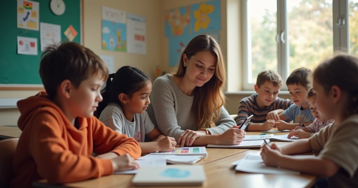 Professor em sala de aula inclusiva, auxiliando alunos com diferentes estilos de aprendizagem 