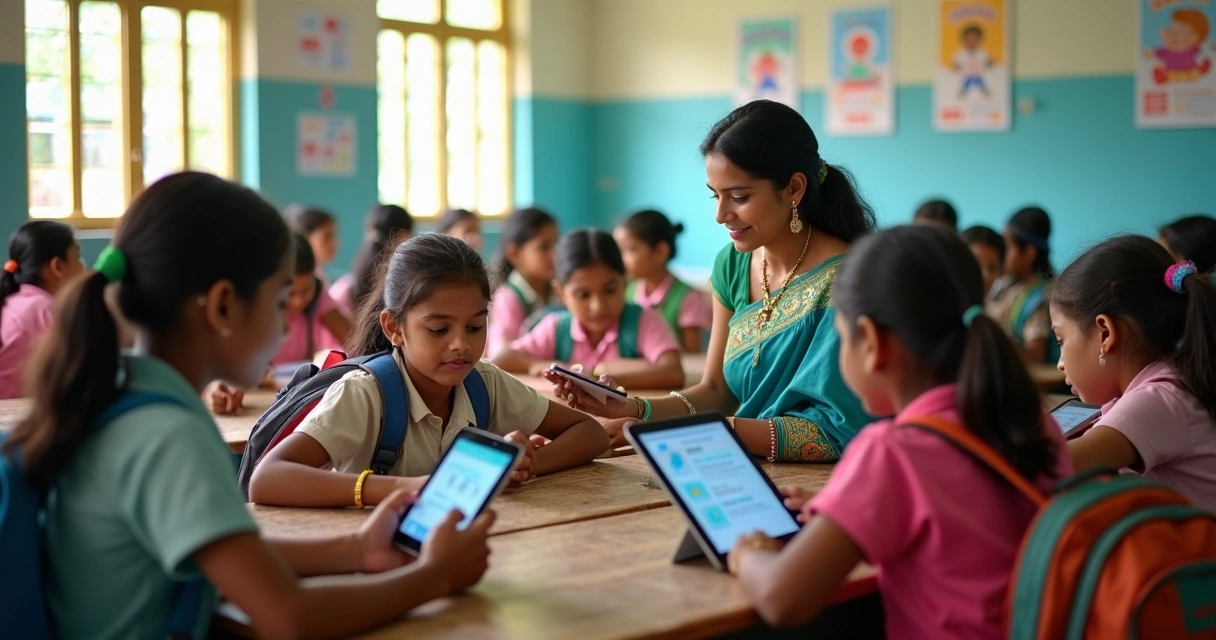Sala de aula escolar na Índia com uso de tecnologia 