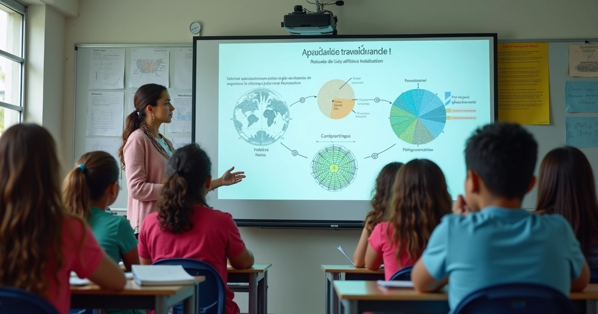 Sala de aula em escola pública do Piauí com alunos e professora, projeção de conteúdo de IA na lousa