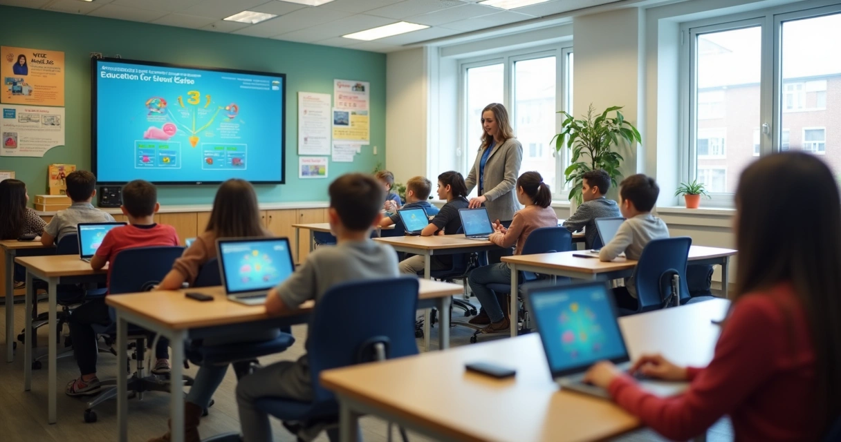 Alunos em sala de aula usando tablets em ambiente escolar moderno 