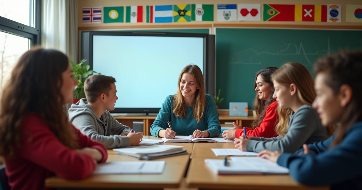 Alunos de diferentes países interagindo em sala de aula 