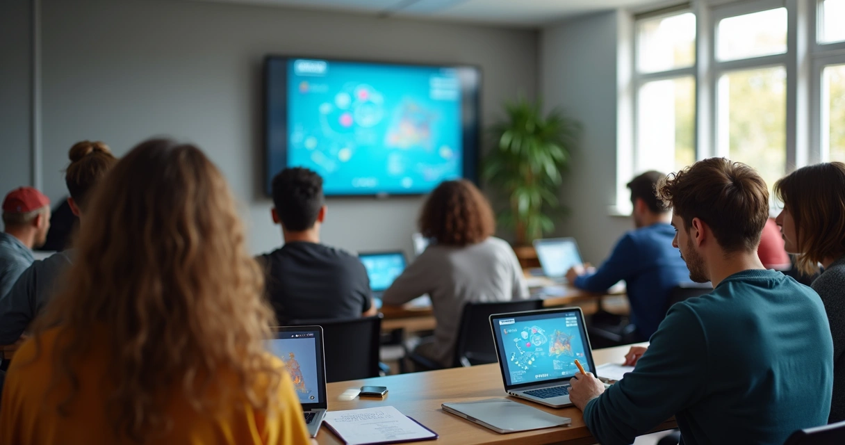 Alunos estudando conteúdo online antes de aula presencial 