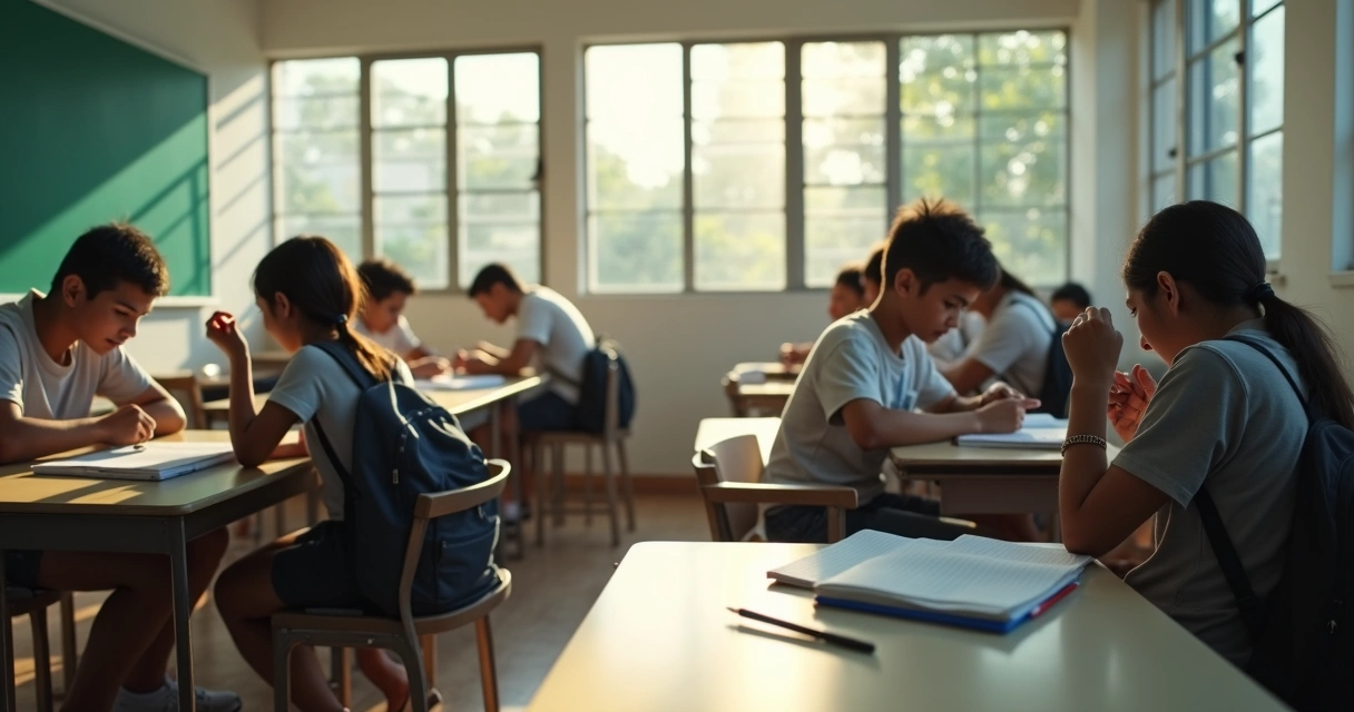 Estudante sozinho em sala de aula enquanto colegas interagem