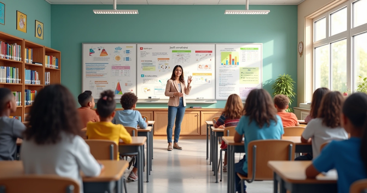 Sala de aula americana com alunos estudando em mesas organizadas e professor explicando com quadro branco