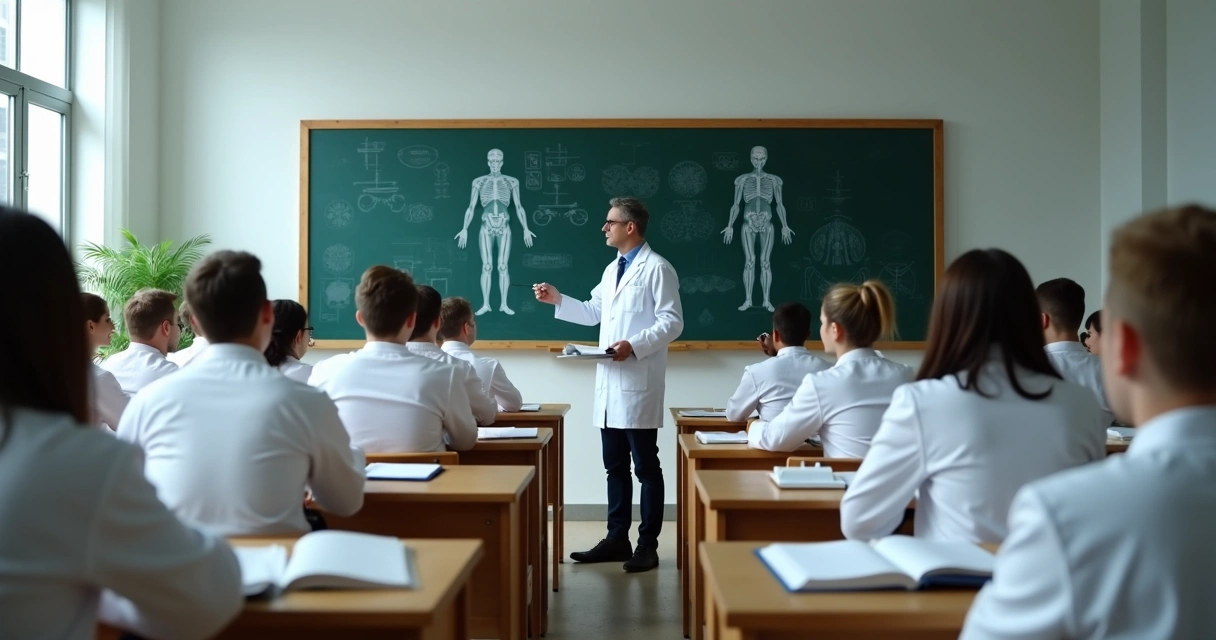 Estudantes em aula de medicina com livros abertos na mesa 