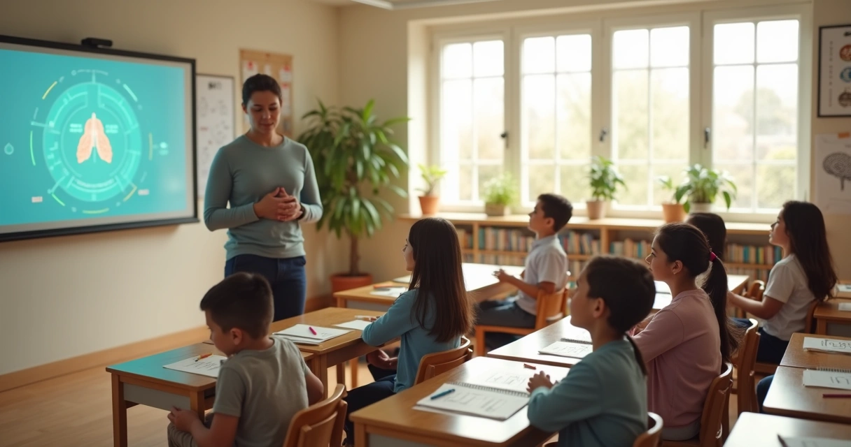 Educador conduzindo meditação com turma em sala de aula iluminada 