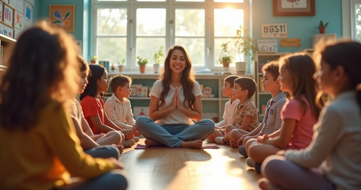 Crianças sentadas em círculo com professora guiando prática de mindfulness 