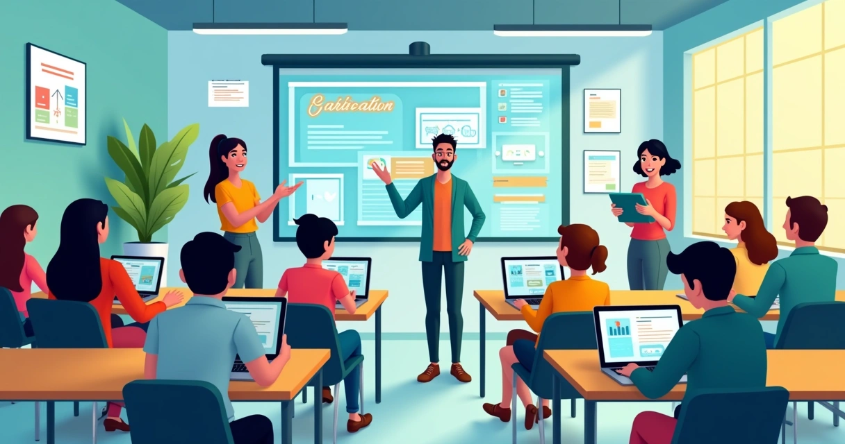 Ilustração de uma sala de aula moderna com alunos usando tecnologia, como tablets e telas digitais.